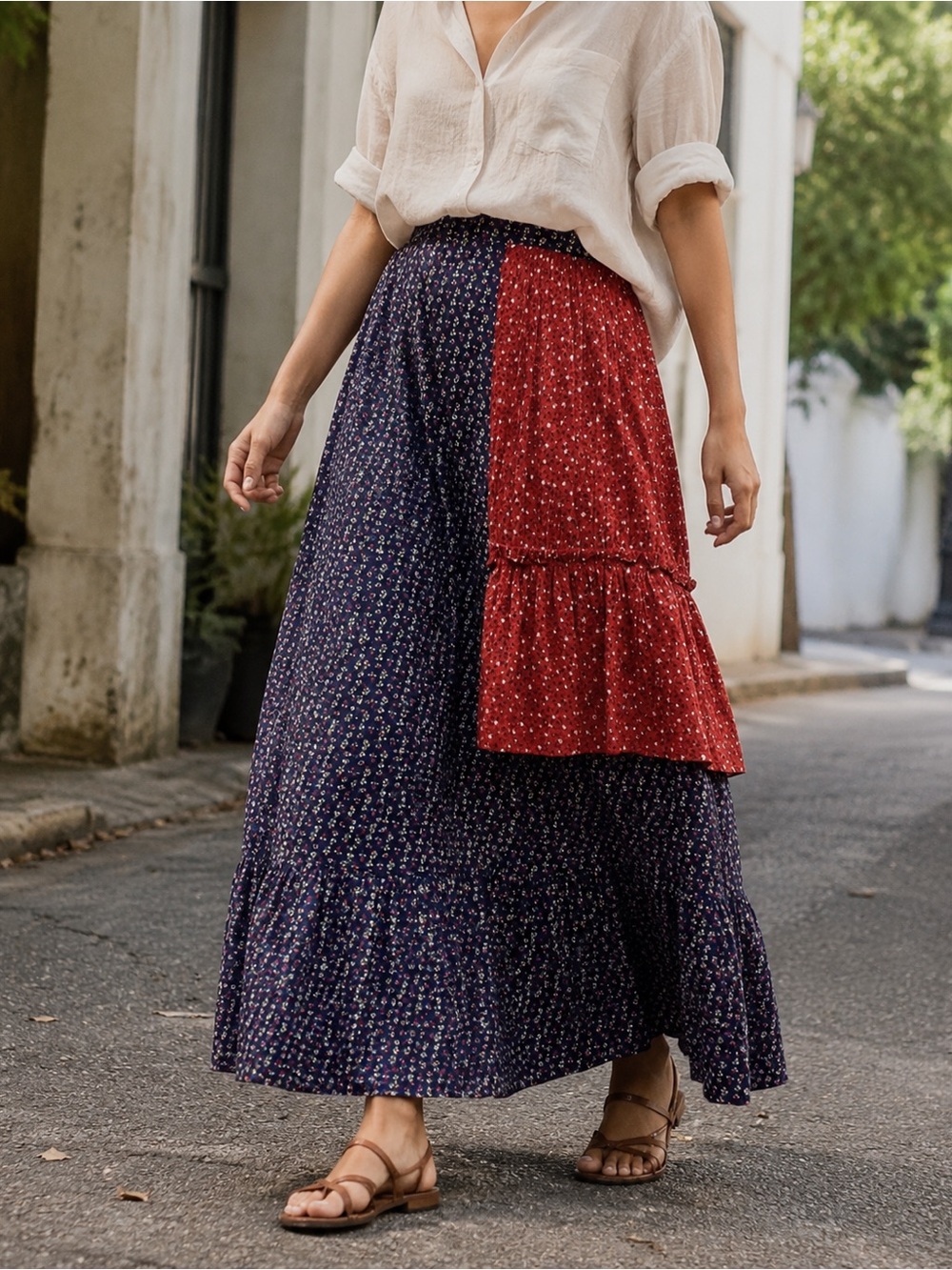 Rentrayage Designer ONE OF A KIND Floral Tiered Cotton Skirt Sz. XS